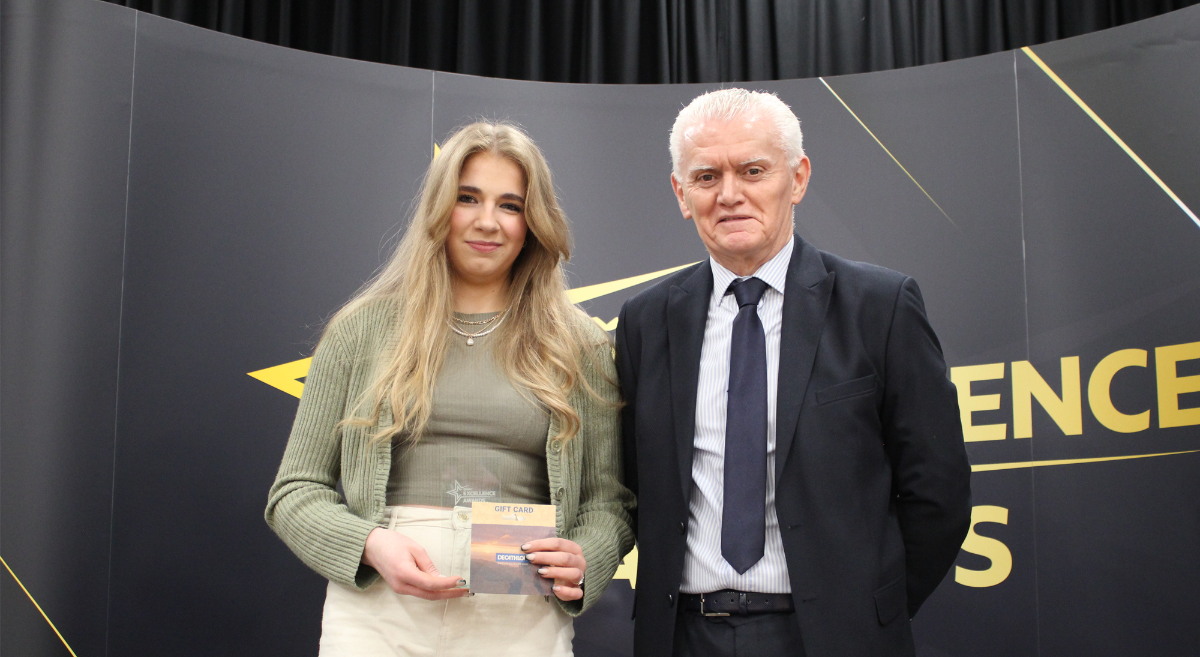 Marija Kuzaite, Overall FE Student of the Year Campus Winner with Kieran Adams, Greenview, headline sponsor